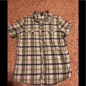 Eddie Bauer button front fitted plaid shirt.